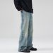 Vintage Washed Blue Straight Leg Denim Jeans For Men & Women - 100% Cotton Cleanfit Retro Style With Distressed Details_mkmklike.com