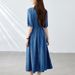 Cotton Cocoon Summer New Product Temperament Drawstring Waist Slimming V-Neck Sunscreen Tencel Denim Dress For Women's_mkmklike.com