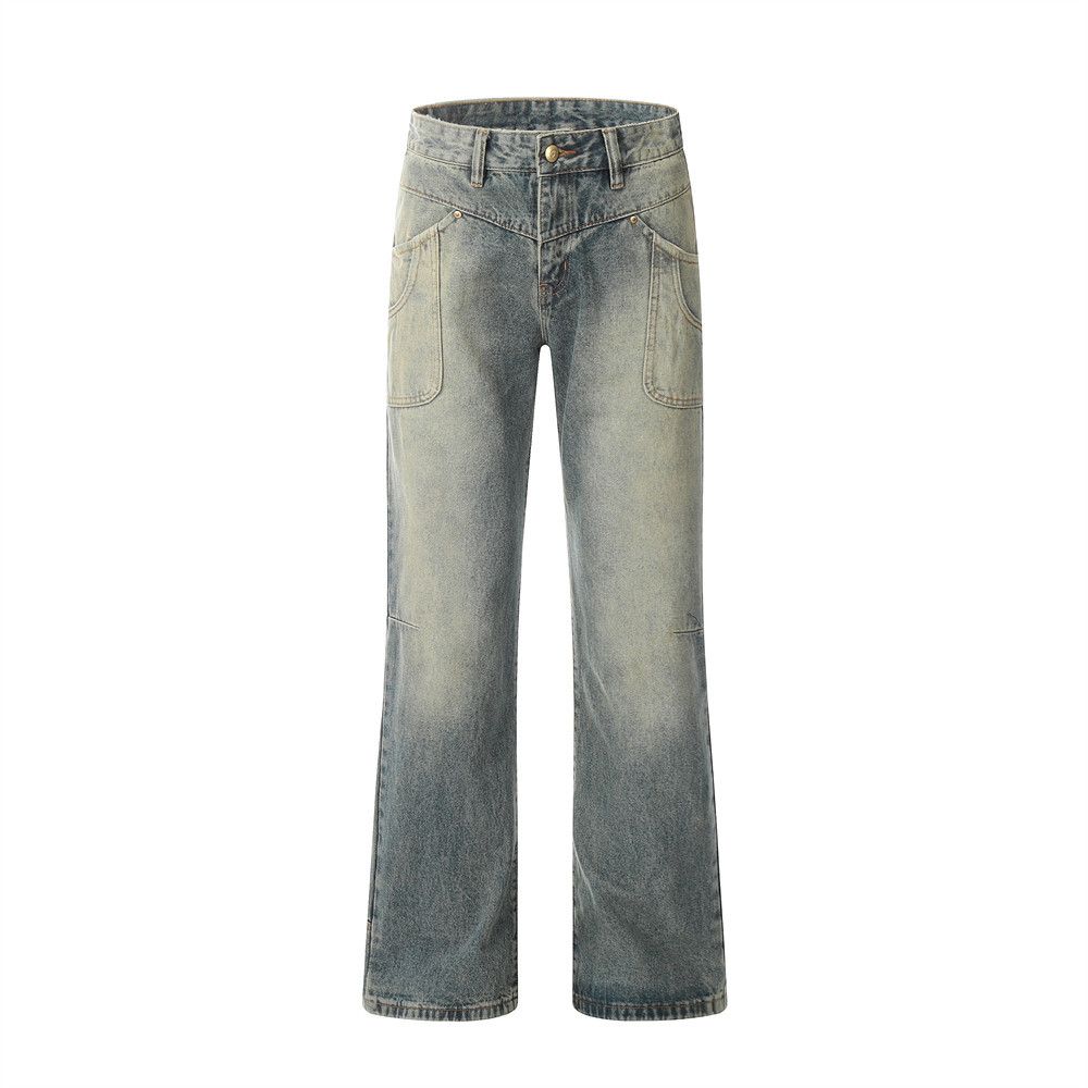 Washed Denim Long Men's American Style Loose Casual Distressed Straight Pocket Design Wide Leg Floor-Length Pants Street_mkmklike.com