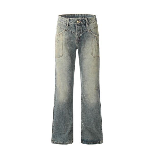 Washed Denim Long Men's American Style Loose Casual Distressed Straight Pocket Design Wide Leg Floor-Length Pants Street_mkmklike.com