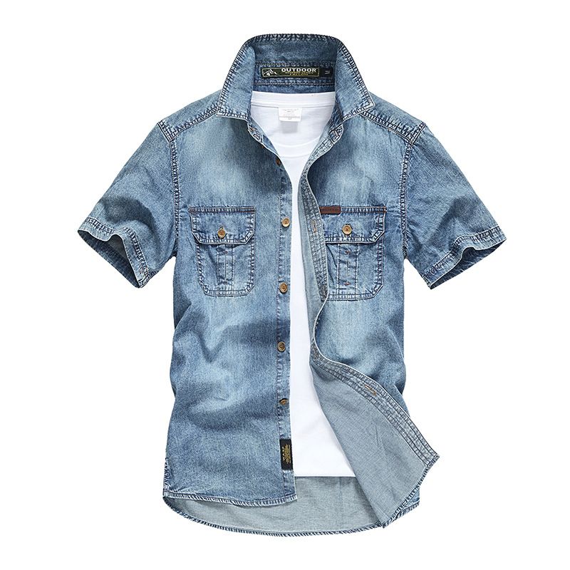 Mens Summer Retro Denim Shirts Mens Casual Straight Cotton Short Sleeve Jean Shirts Street Outdoor Cargo Plus Size Blue T-Shirt_mkmklike.com