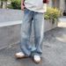 Men's Washed Blue Straight Leg Loose Fitting Jeans American Style Casual Summer Long Pants Versatile Simple Trendy Clothing_mkmklike.com