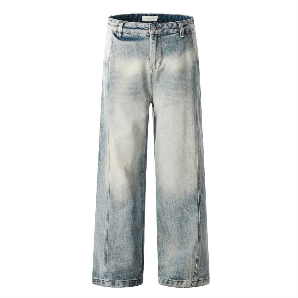 Washed Gradient Jeans Men's Casual Straight Long Street Fashion Punk Distressed Loose Wide-Leg Dad Pants_mkmklike.com