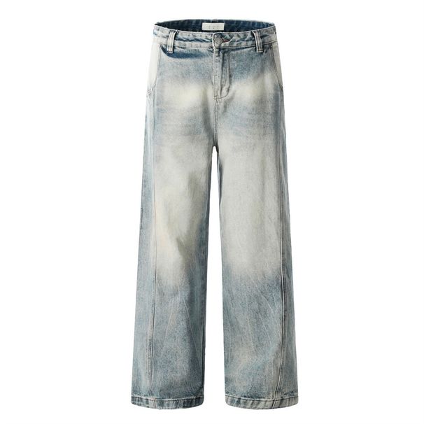 Washed Gradient Jeans Men's Casual Straight Long Street Fashion Punk Distressed Loose Wide-Leg Dad Pants_mkmklike.com