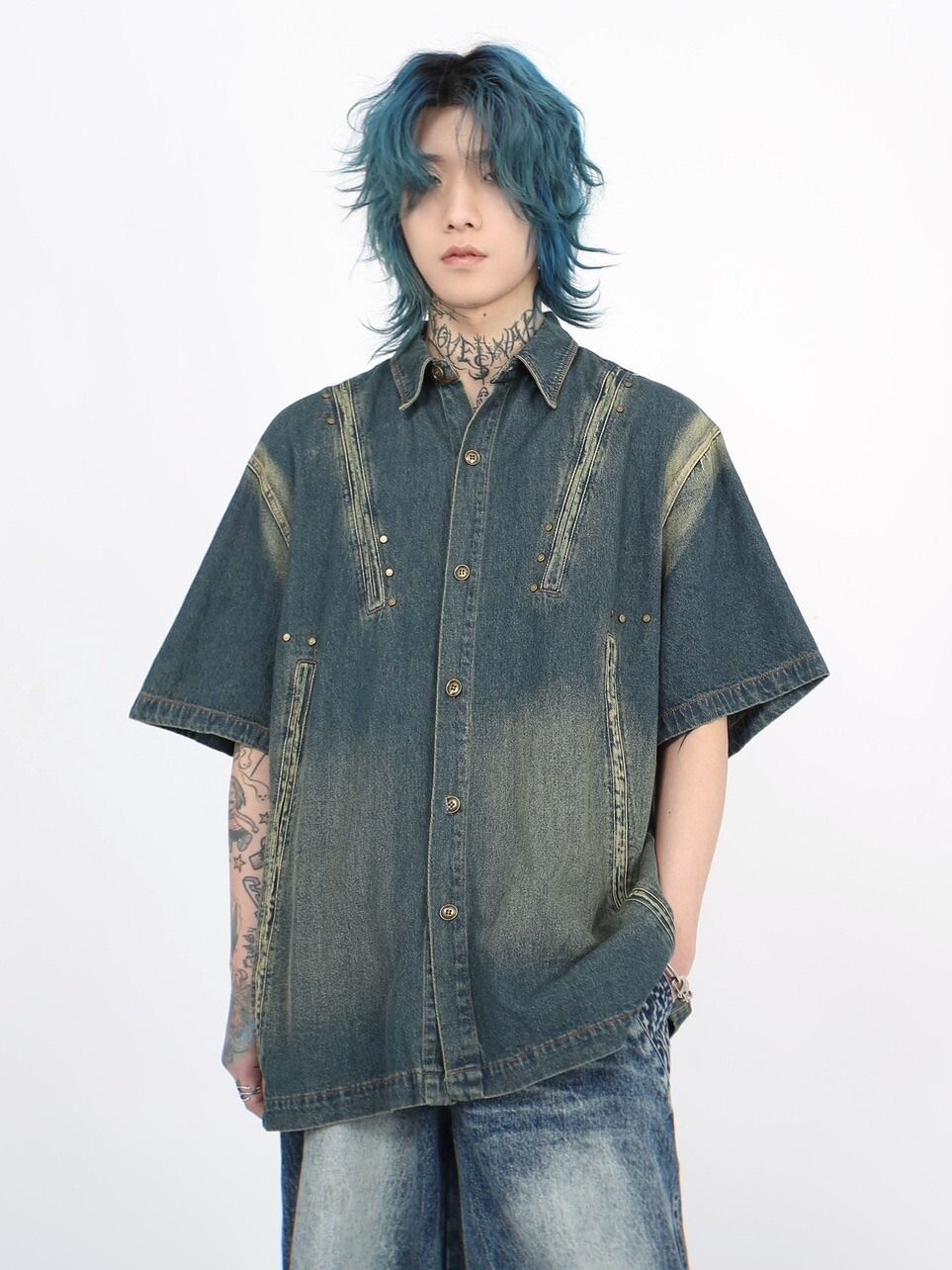 Men's Clothing Washed Gradient Deconstructed Short Sleeved Denim Shirt For Men New Design Niche Versatile Handsome Shirt_mkmklike.com