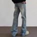 Men's Trendy Cleanfit Street Style Whiskered Bamboo Texture Distressed Jeans Straight Leg Slightly Flared Vibe Pants American High Street_mkmklike.com