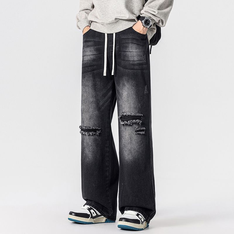 Men's American Retro Relaxed Fit Ripped Drawstring Jeans Loose Straight Leg Wide Leg Casual Trousers New Summer Style_mkmklike.com