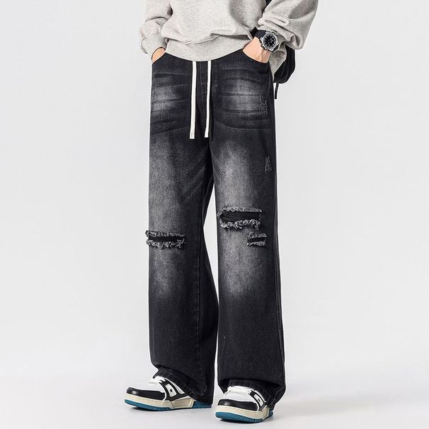 Men's American Retro Relaxed Fit Ripped Drawstring Jeans Loose Straight Leg Wide Leg Casual Trousers New Summer Style_mkmklike.com