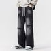 Men's American Retro Relaxed Fit Ripped Drawstring Jeans Loose Straight Leg Wide Leg Casual Trousers New Summer Style_mkmklike.com