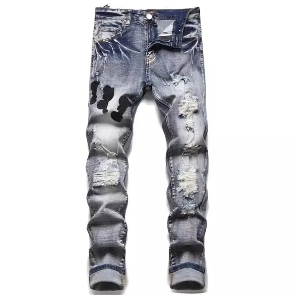 2025 New Free Shipping Designer Jeans Embroidered Men Jeans With Knee Hole Zipper Small Leg Large Denim Pants Durable_mkmklike.com