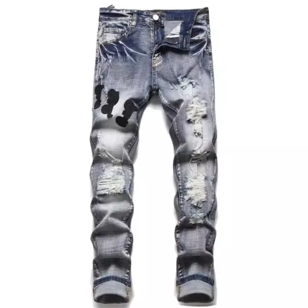 2025 New Free Shipping Designer Jeans Embroidered Men Jeans With Knee Hole Zipper Small Leg Large Denim Pants Durable_mkmklike.com