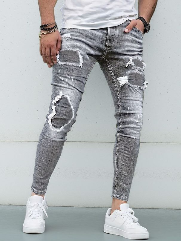 Men's Clothing Stretch Jeans Unique Distressed Vintage Look Heavy Duty Washed Patch Skinny Pants Multiple Colors_mkmklike.com