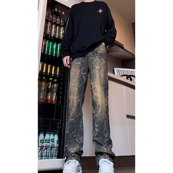 Men's Clothing High Street Thorn Jacquard Jeans Men's Retro Versatile Washed Flared Pants Straight Trousers_mkmklike.com