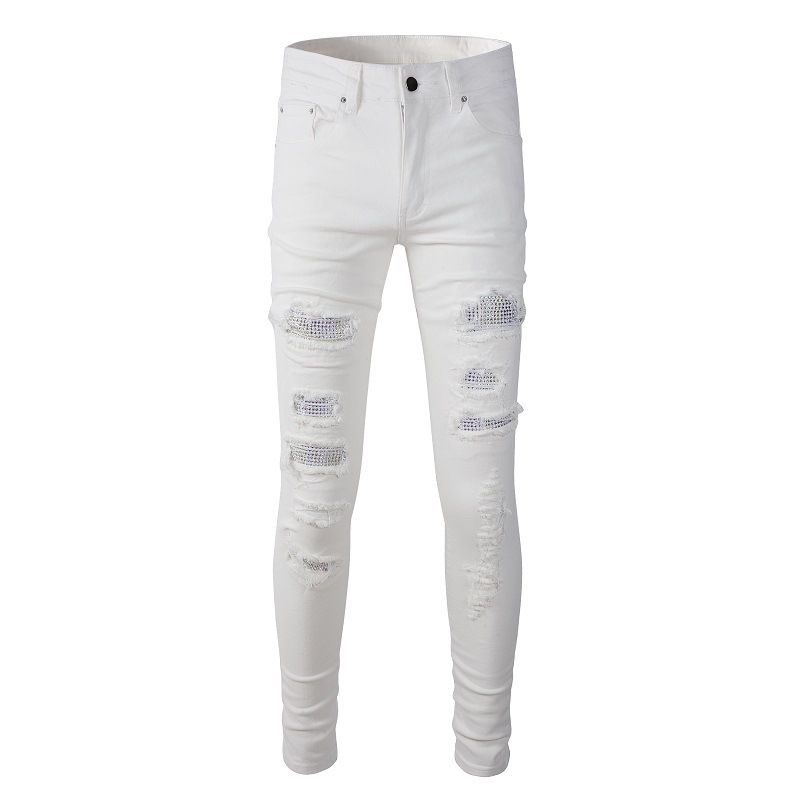 Men's Clothing Foreign Trade High Street Hole Patch Diamond Stretch White Jeans Men's Slim Pants Straight Denim Men's Trousers 625_mkmklike.com