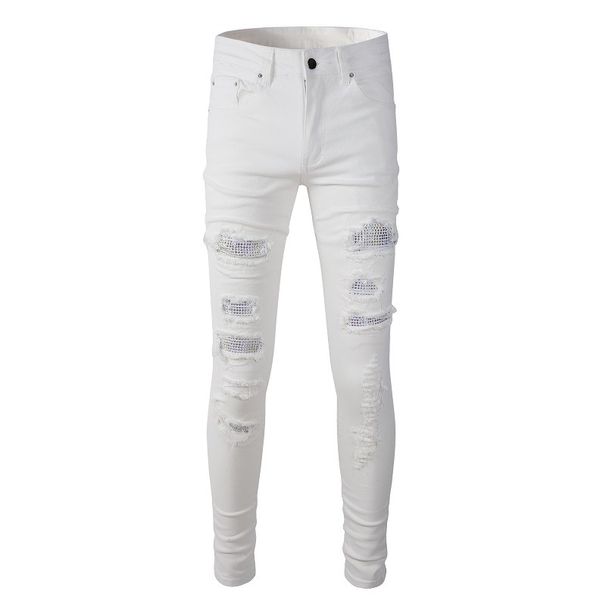 Men's Clothing Foreign Trade High Street Hole Patch Diamond Stretch White Jeans Men's Slim Pants Straight Denim Men's Trousers 625_mkmklike.com