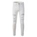 Men's Clothing Foreign Trade High Street Hole Patch Diamond Stretch White Jeans Men's Slim Pants Straight Denim Men's Trousers 625_mkmklike.com