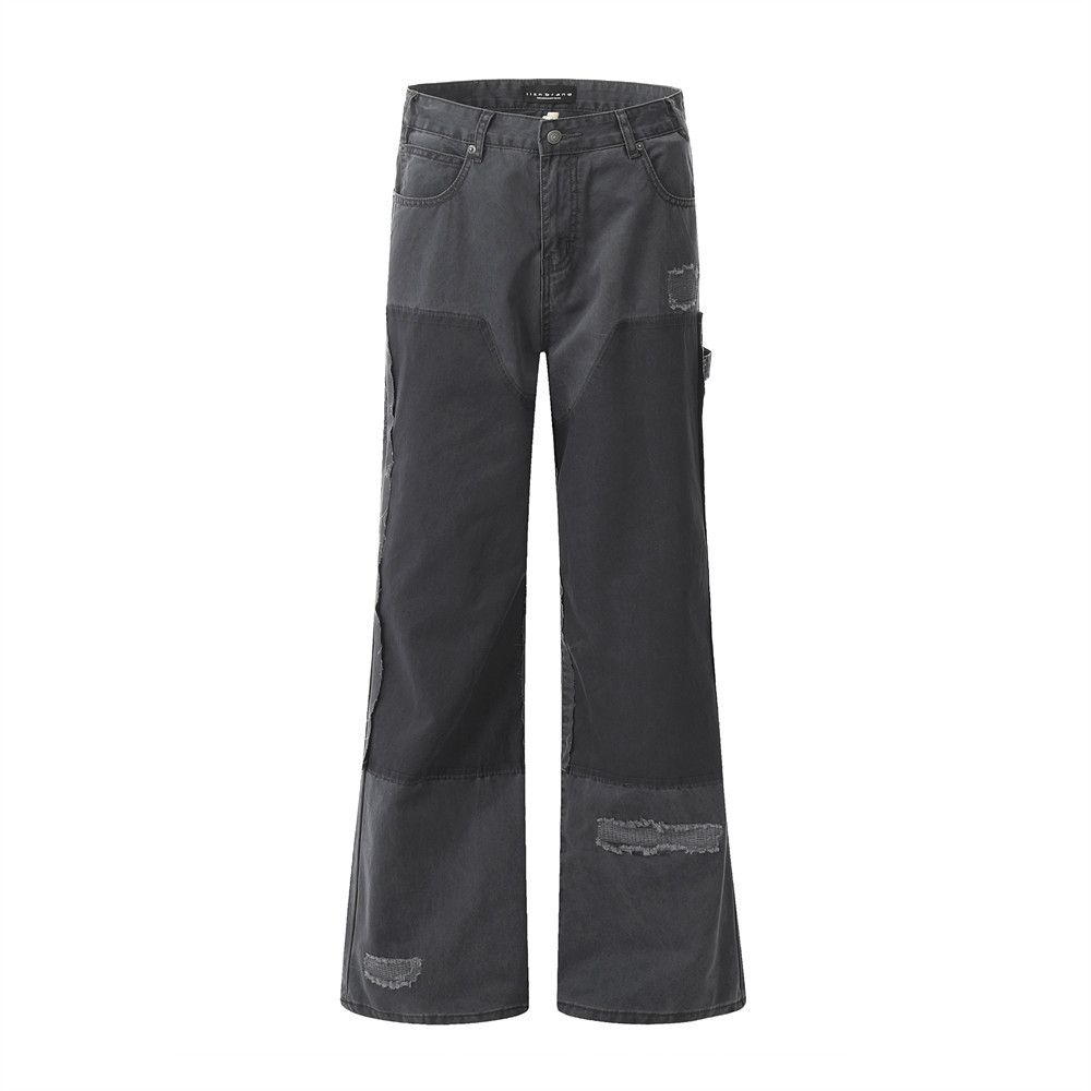 Punk Washed Loose Denim Flared Men's Vibe Trend Hip-Hop Patchwork Frayed Edge Patched Ripped Wide-Leg Pants_mkmklike.com