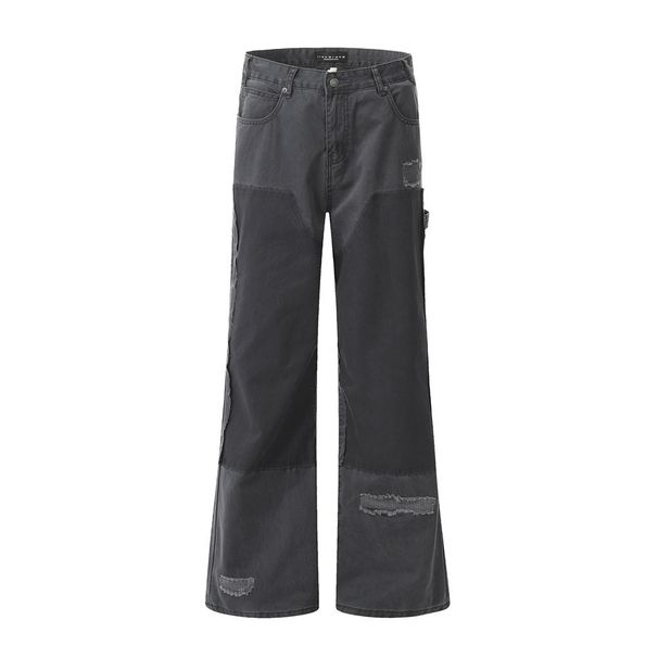 Punk Washed Loose Denim Flared Men's Vibe Trend Hip-Hop Patchwork Frayed Edge Patched Ripped Wide-Leg Pants_mkmklike.com
