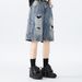 Men's Distressed Denim Shorts, Lightweight Ripped Knee-Length Cargo Shorts With Multiple Pockets, Loose Fit Streetwear Hip Hop Style Summer Shorts_mkmklike.com