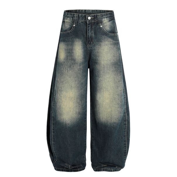 Spray-Dyed Color-Block Washed Denim Scimitar Men's High Street Vintage Loose Banana Silhouette Sickle Pants Trendy_mkmklike.com
