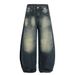 Spray-Dyed Color-Block Washed Denim Scimitar Men's High Street Vintage Loose Banana Silhouette Sickle Pants Trendy_mkmklike.com