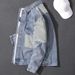Men's Clothing Loose Workwear Plus Velvet Top Denim Jacket Korean Style Loose Fit Workwear Fleece Lined Casual Coat With Patchwork & Color Blocking_mkmklike.com
