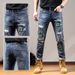 Men's Slim Fit Stretch Patchwork Embroidered Ripped Jeans - Vintage Distressed Denim Pants With Artistic Details For Casual Wear_mkmklike.com