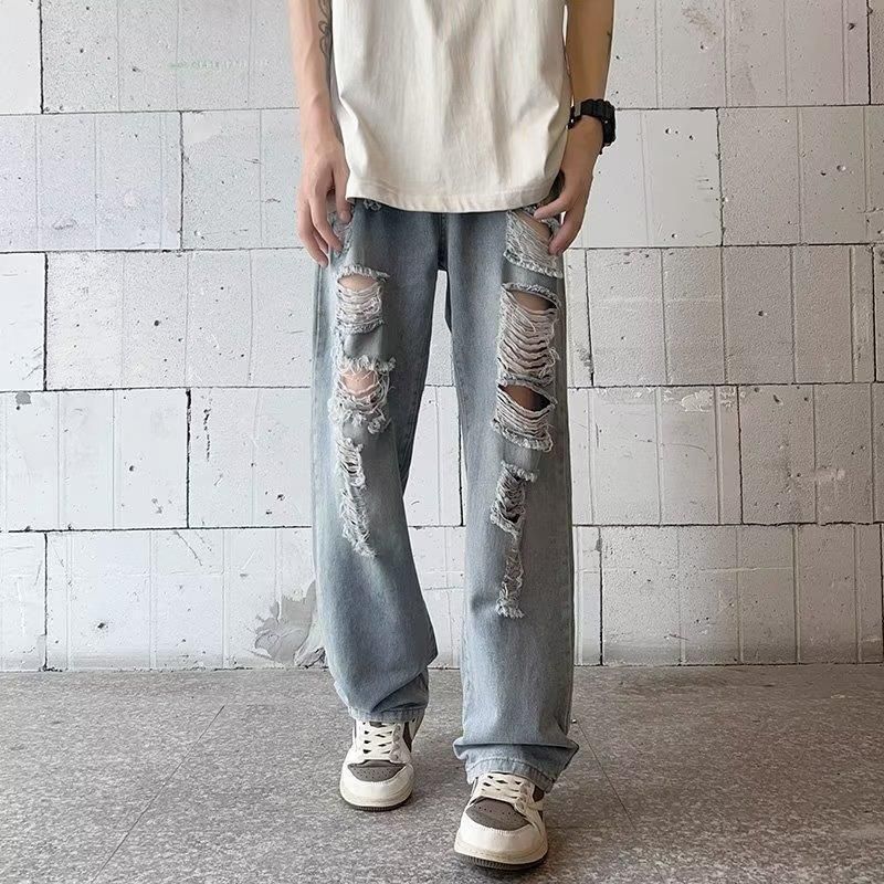 American Retro Street Vibe Pants High Street Tide Brand Yellow Mud Dyed Washed Ripped Jeans Men's Wide-leg Trousers_mkmklike.com