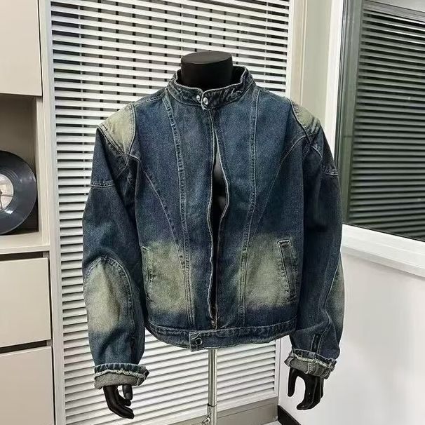 Men's Clothing Men's Distressed Denim Jacket Punk Style Short Biker Jacket With Asymmetric Zip & Washed Effect, Oversized Fit For Streetwear_mkmklike.com