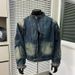 Men's Clothing Men's Distressed Denim Jacket Punk Style Short Biker Jacket With Asymmetric Zip & Washed Effect, Oversized Fit For Streetwear_mkmklike.com