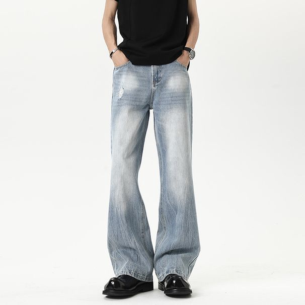 High Street Washed Lightning Pattern Blue Curved Hem Jeans For Men, Spring And Autumn American Style Long Pants, Trendy_mkmklike.com