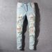 Men's Clothing High Street Fashion Brand Old Patch Paint Graffiti Hole Elastic Slim Washed Light Color Jeans_mkmklike.com