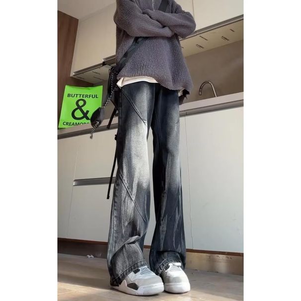 Vintage Washed High-Waisted Flared Jeans For Men – 90s Retro Streetwear Denim Pants With Distressed Dye (S-3XL)_mkmklike.com
