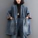K Retro V-neck Pocket Denim Jacket For Women, Loose Fit Large Version, Medium To Long Windbreaker. No Necklaces Or Other Accessories_mkmklike.com
