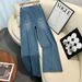 Women's Blue Rhinestone Wide Leg Jeans Fashionable Loose Casual Straight Leg Pants with Sparkling Rhinestones Spring 2026 New Style_mkmklike.com