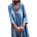 Women's Clothing Washed Denim Mid Length Sleeve Pleated Long Dress_mkmklike.com