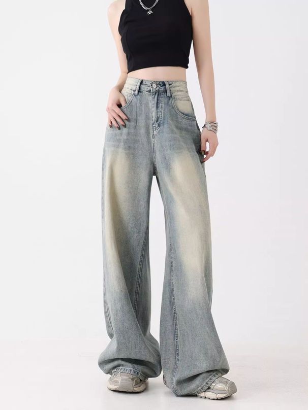 Spring/Summer 2025 New Vintage Straight-Leg Jeans For Women, American Style High-Waisted Loose Design, Floor-Length_mkmklike.com
