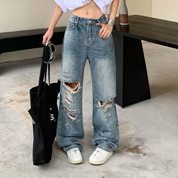 Punk Street Beggar Ripped Jeans Unisex Washed Faded Vintage Casual Straight Pants Trendy_mkmklike.com