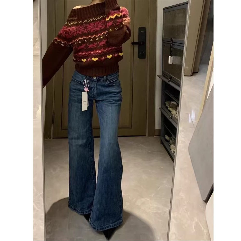 Dark Blue Bamboo-pattern Vintage Flared Jeans 2025, High-waisted, Trendy, Loose-fitting Bell-bottom Pants For Tall_mkmklike.com