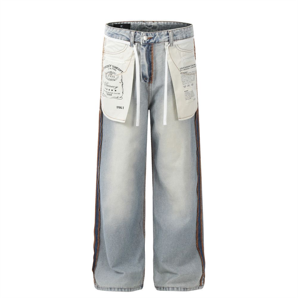 High Street Reverse Wear Design Jeans Men's Loose Trendy Brand Ins Hip Hop Straight Spliced Washed Wide Leg Long Pants_mkmklike.com