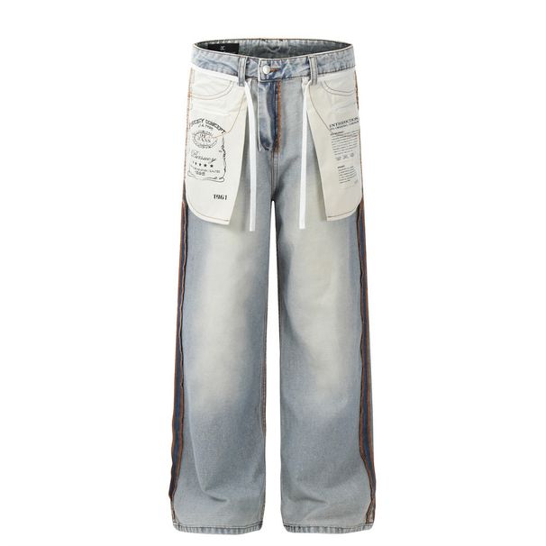 High Street Reverse Wear Design Jeans Men's Loose Trendy Brand Ins Hip Hop Straight Spliced Washed Wide Leg Long Pants_mkmklike.com