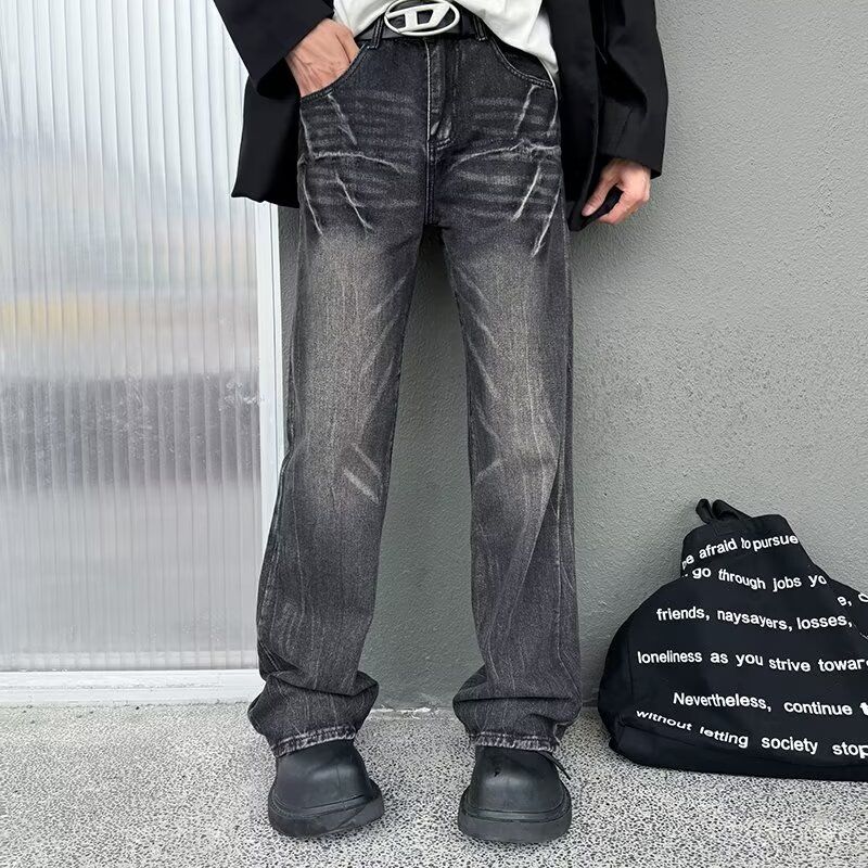 Men's Clothing Retro High Street Distressed Denim Jeans With Patchwork Design Straight Leg Comfortable Stretch Casual Pants For Daily Wear_mkmklike.com