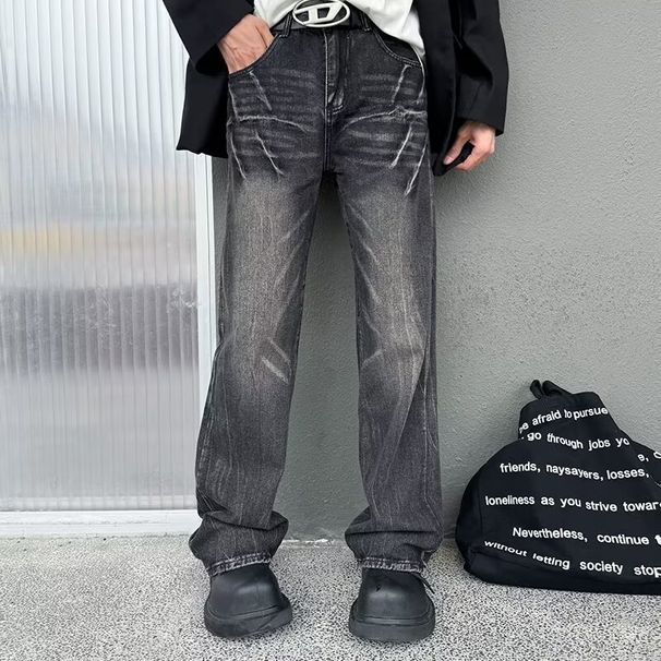 Men's Clothing Retro High Street Distressed Denim Jeans With Patchwork Design Straight Leg Comfortable Stretch Casual Pants For Daily Wear_mkmklike.com