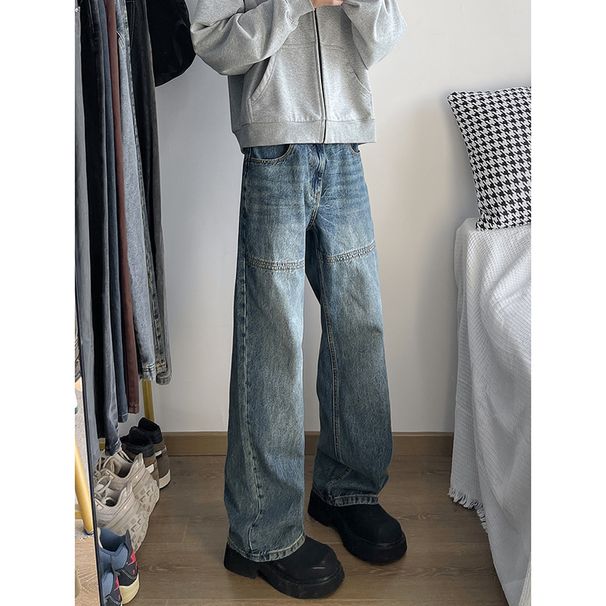 Retro Washed High Street Blue Jeans Loose Fit Straight Leg Wide Leg Pants for Men Youthful Slightly Flared Vibe Style Distressed_mkmklike.com