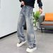 Men's Clothing Unisex Retro Deconstructed Design Jeans Loose Fitting Pleated Wide Leg Trendy Floor Length Trousers_mkmklike.com