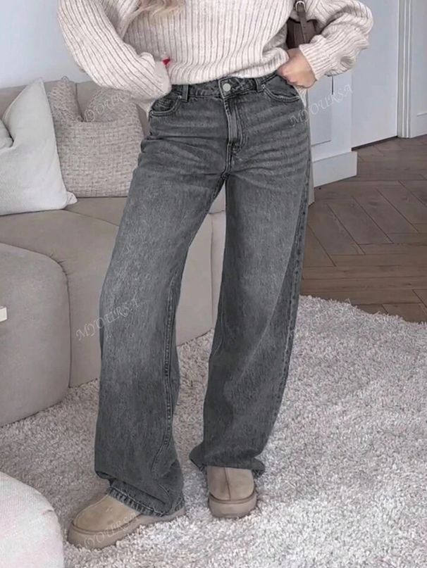 Women's High-Waisted Baggy Jeans – Oversized Straight Leg, Washed Gray Denim, Long & Flowy, Streetwear Chic For Casual & Edgy Looks_mkmklike.com