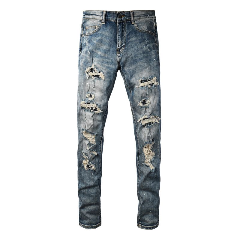 Men's Clothing Men's Distressed Skinny Jeans Ripped Dark Blue Washed Trendy Brand Patchwork Slim Fit High Waist Street Fashion American Style_mkmklike.com