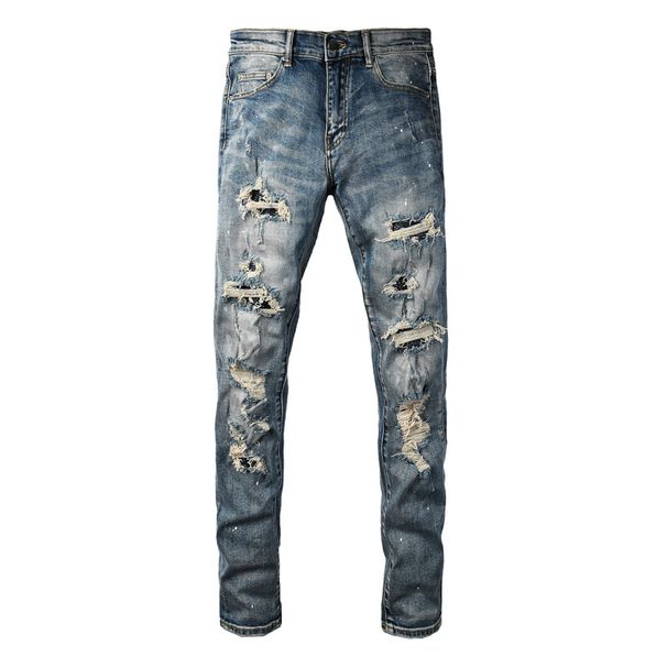 Men's Clothing Men's Distressed Skinny Jeans Ripped Dark Blue Washed Trendy Brand Patchwork Slim Fit High Waist Street Fashion American Style_mkmklike.com