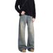 Vintage Washed Distressed High Waist Straight Leg Jeans For Men & Women - Retro Blue, Classic Comfort & Timeless Style_mkmklike.com