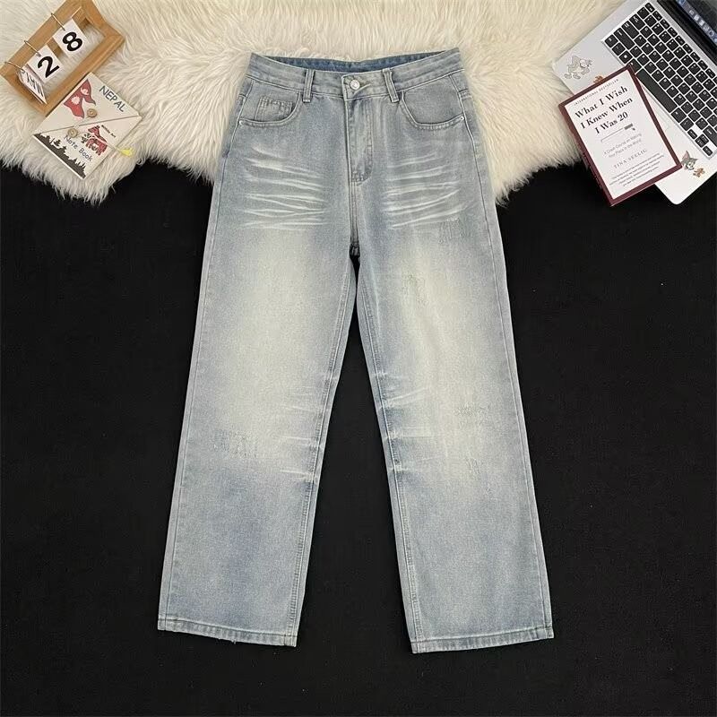 Men's Trendy Washed Blue Jeans High Street Summer Style Casual Wide Leg Trousers Loose Fit American Pants_mkmklike.com